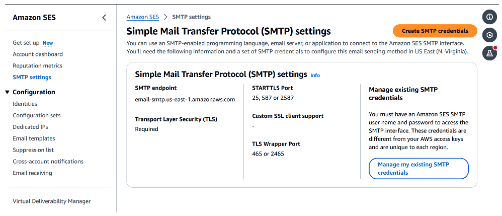 Figure 2 – Accessing AWS SES SMTP settings via the console