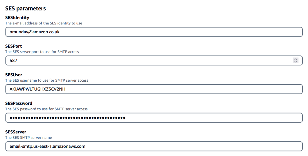 Figure 3 - SES configuration settings for CloudFormation using the Amazon SES parameters which we established in this guide.