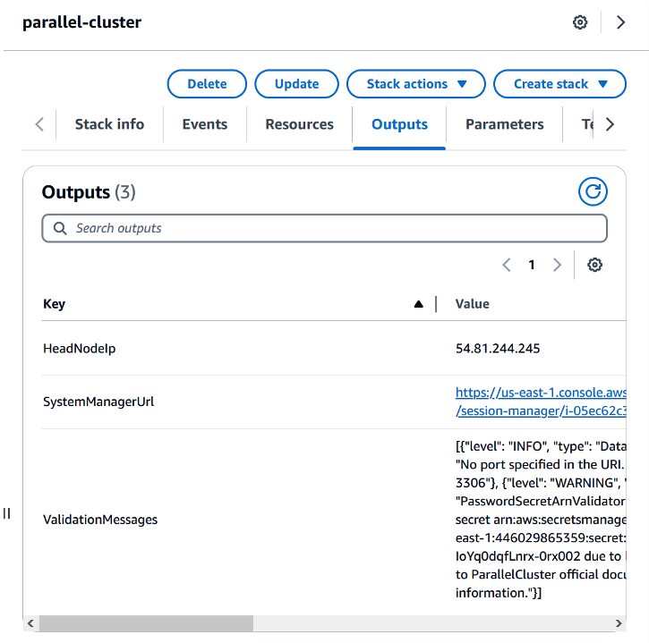 Figure 4 - Stack output values. This is how you find out the IP number of the headnode of the cluster.