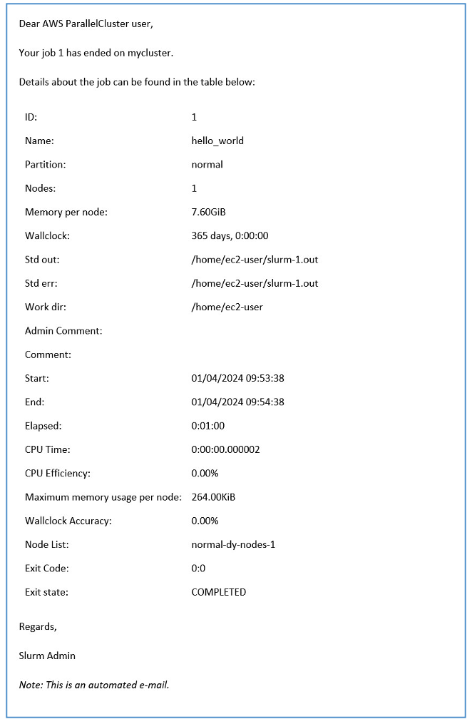 Figure 5 - Example e-mail generated by Slurm-Mail running on AWS ParallelCluster