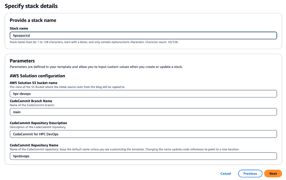 Figure 4 – The CloudFormation parameters used to create the CI/CD stack. These parameters allow the customization of various aspects of the deployment, like the artifact bucket and CodeCommit parameters.