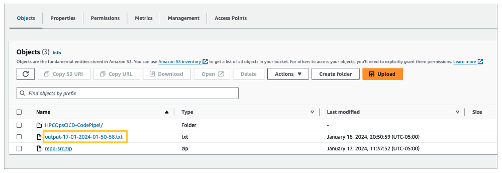 Figure 6 - the image shows the result of deploying the cluster-launch.yaml template, which is responsible for deploying the HPC cluster and running the workload. The workload output generated during the process is stored in the Artifact Bucket.