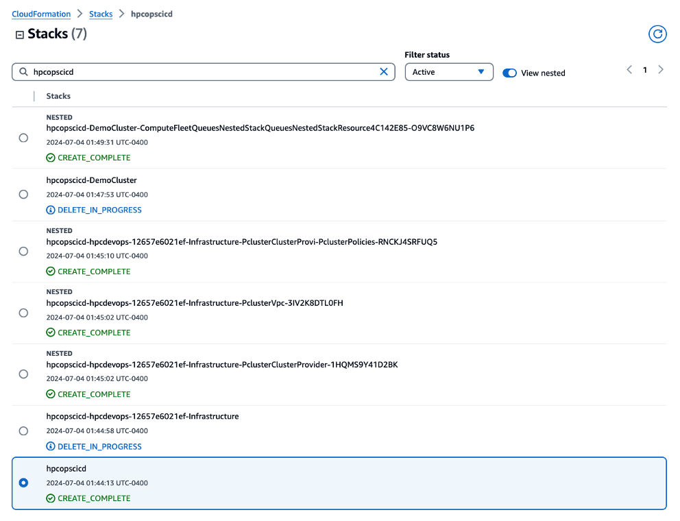 Figure 7 - The image illustrates the state of the CloudFormation stacks after the workload has been executed, and the HPC cluster is being decommissioned. The CloudFormation Console displays the stack status as "DELETE_IN_PROGRESS" for the relevant cluster stacks, indicating that the automatic termination process has been initiated.