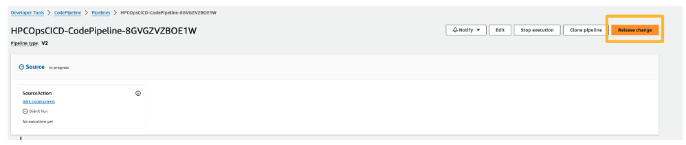 Figure 8 - By clicking on the "Release Change" button in the AWS CodePipeline created by this solution, the CI/CD pipeline will initiate a series of automated actions, including the redeployment of the HPC cluster, the execution of the desired workload, and the subsequent decommissioning of the cluster resources upon completion.