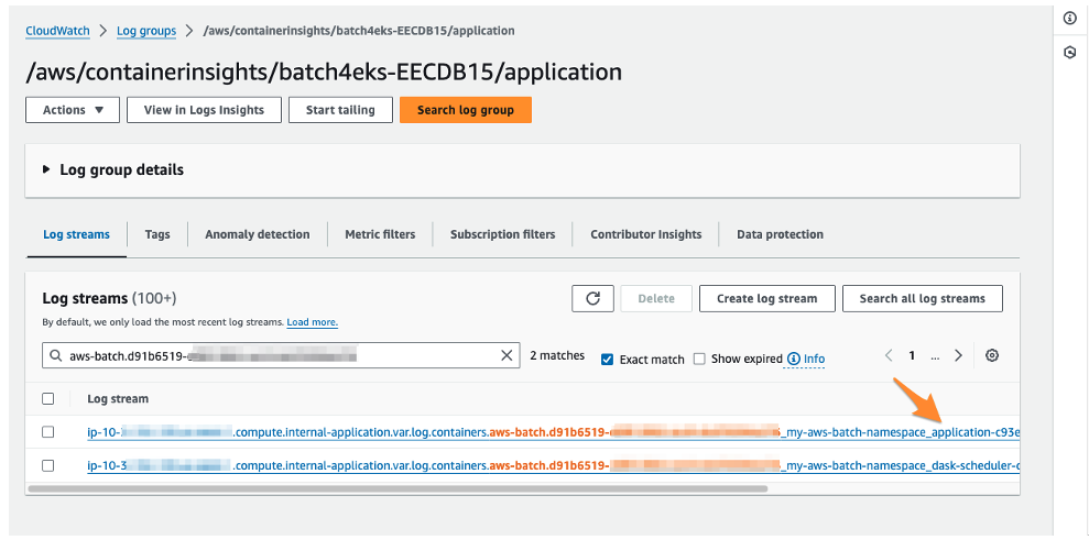 Figure 2 – The AWS CloudWatch management console showing the filtered log streams for applications running on the EKS cluster. The filter dialog shows using the Pod name to retrieve the individual container logs for our Batch job. The log stream name also contains the container’s name, allowing us to identify the correct log stream to view for our results.