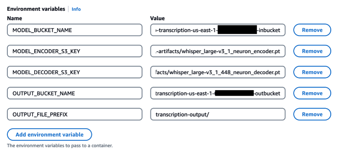 Figure 4. Configurable environment variables shown from the AWS Batch console