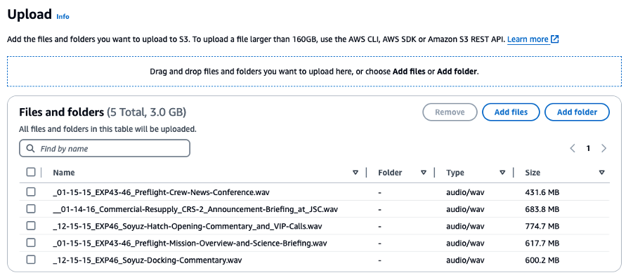 Figure 6. Audio files uploaded to the Amazon S3 input folder