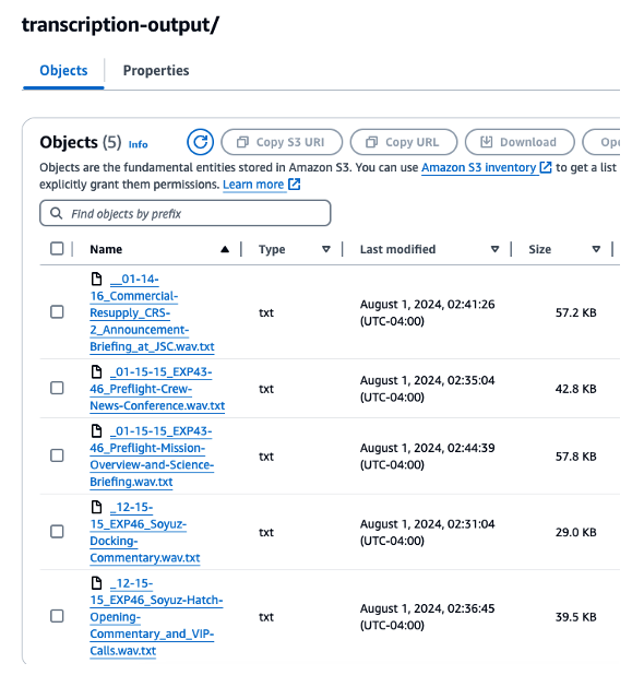 Figure 10. Validating the output transcription files written to Amazon S3