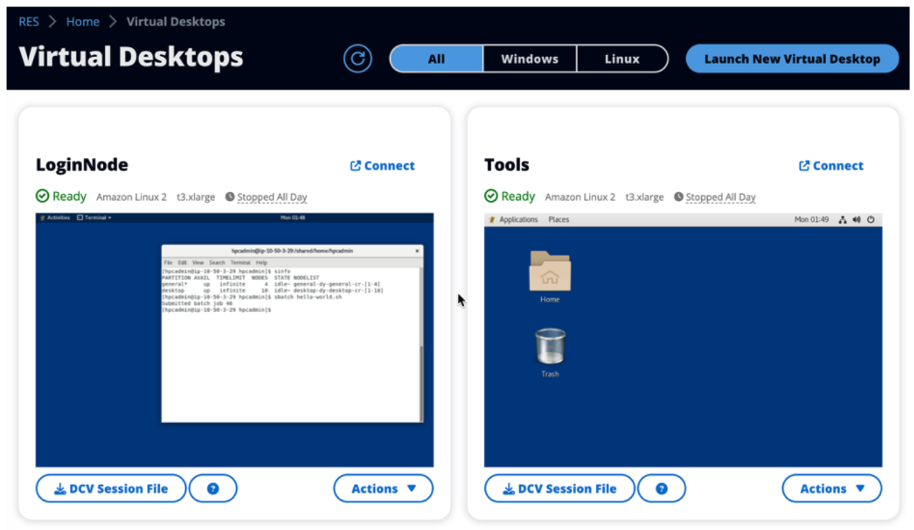 Figure 2 – The Virtual Desktops section contains a VDI (LoginNode) which is a based on a login node compatible with PCS.