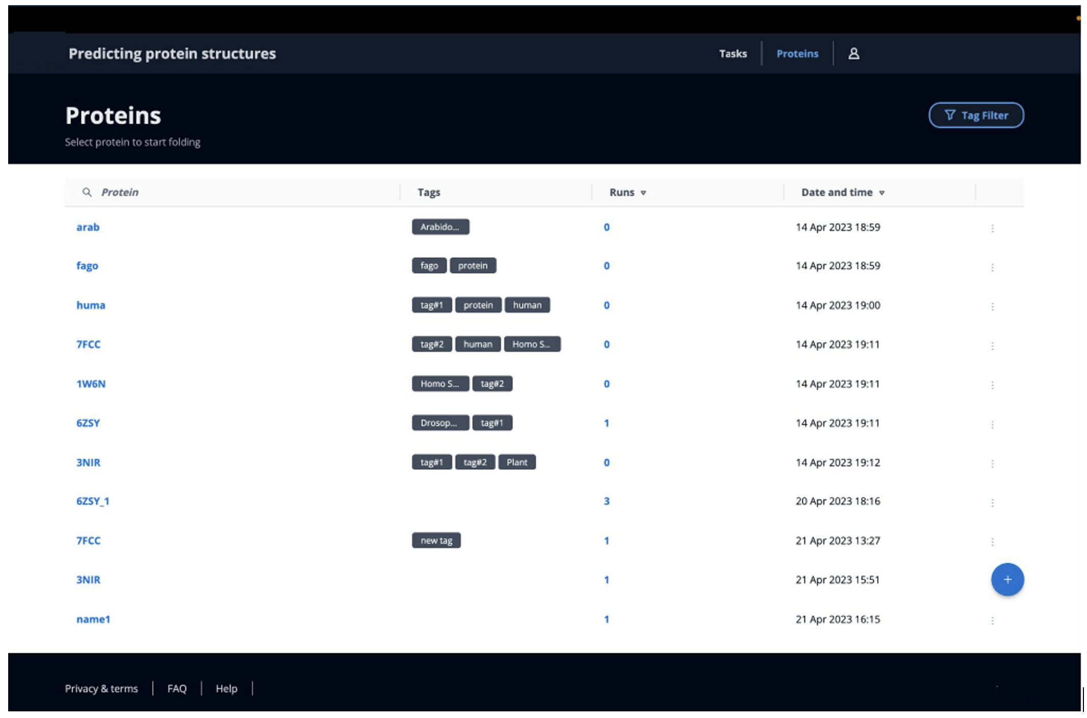 Figure 2: The main landing page for the solution shows a list of proteins that have been run in the platform, including tags and the number of runs for each protein.