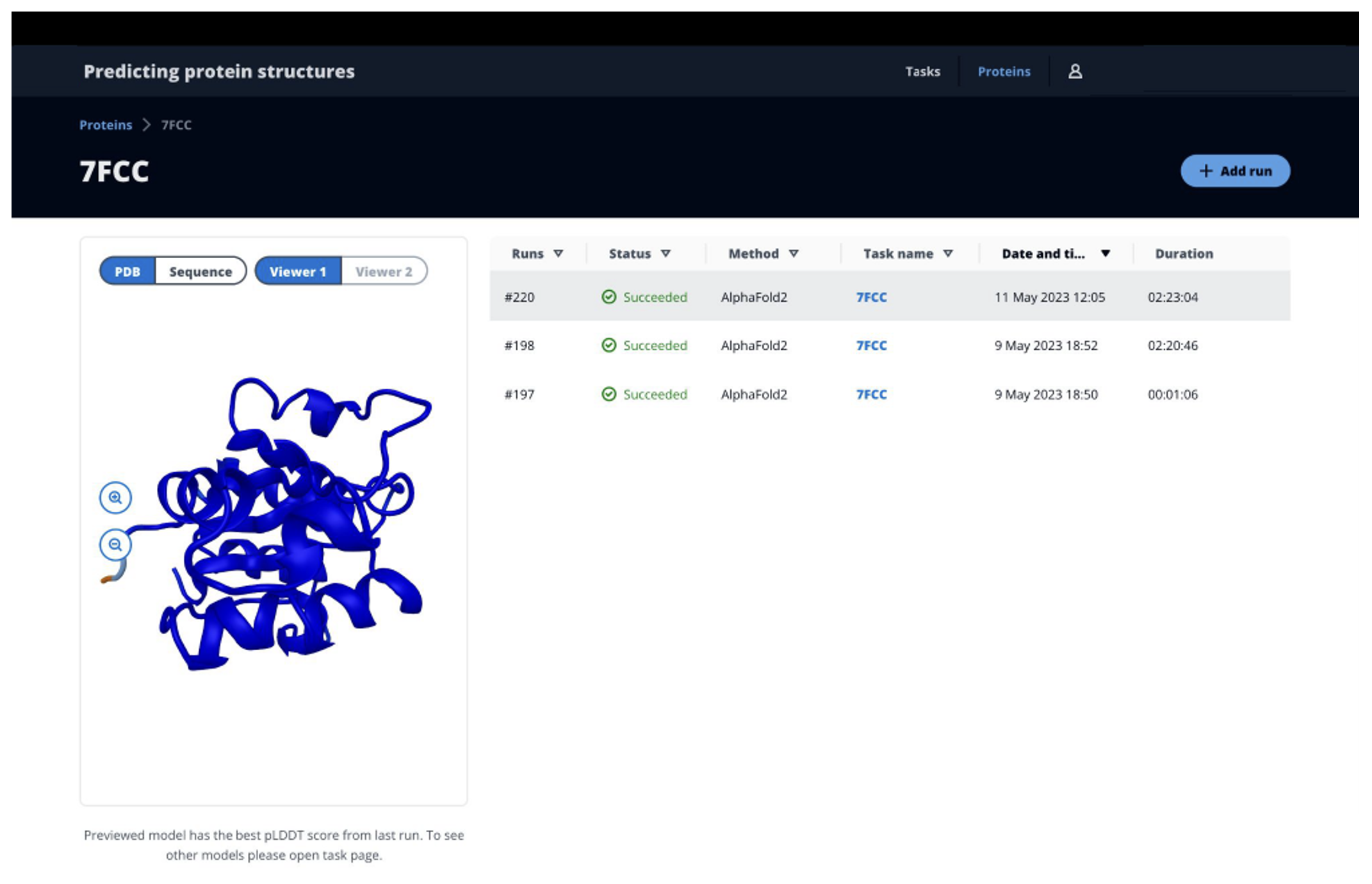 Figure 3: The summary page for protein 7FCC shows three runs completed, all with AlphaFold2.  The UI shows the three-dimensional structure for the protein, too, along with the execution timestamp and runtime.