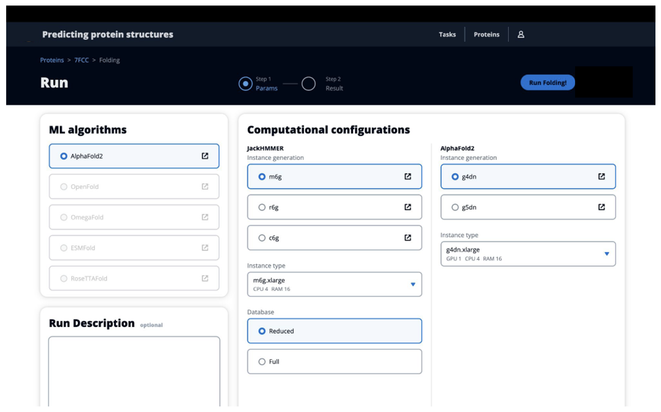 Figure 4: To run a new analysis, you select the ML algorithm, Amazon EC2 instance type(s), and database configuration to use. This is the user interface for selecting these configurations and starting a run.