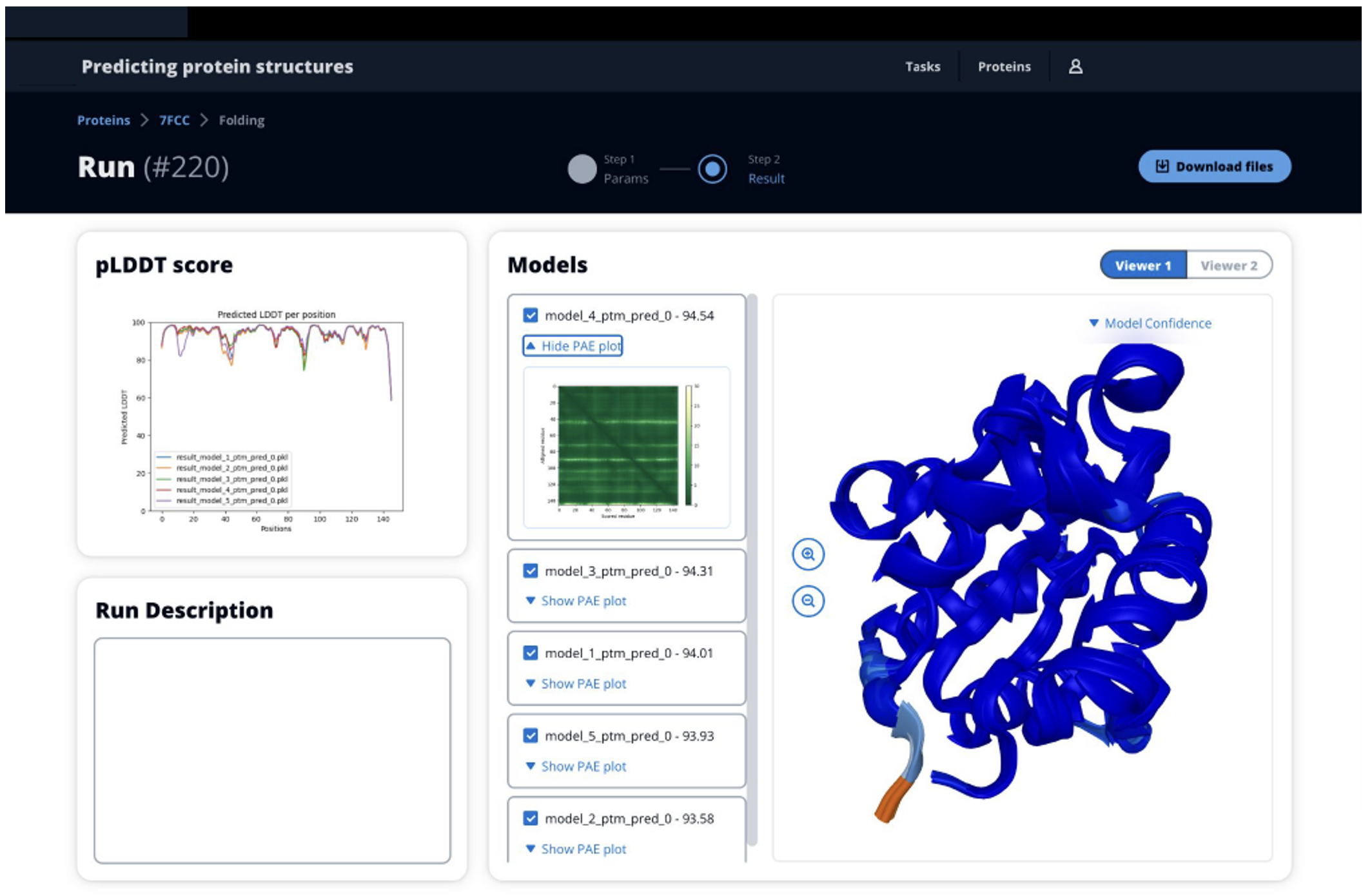 Figure 5: The results interface shows confidence metrics for the models run, along with the three-dimensional structure of the protein.