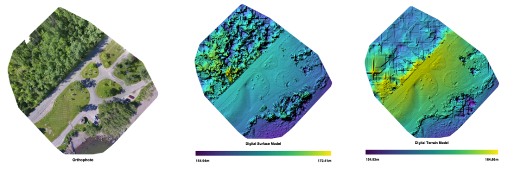 Figure 4, 5, 6: Sample orthophoto, digital surface model, and digital terrain model, described in the post.