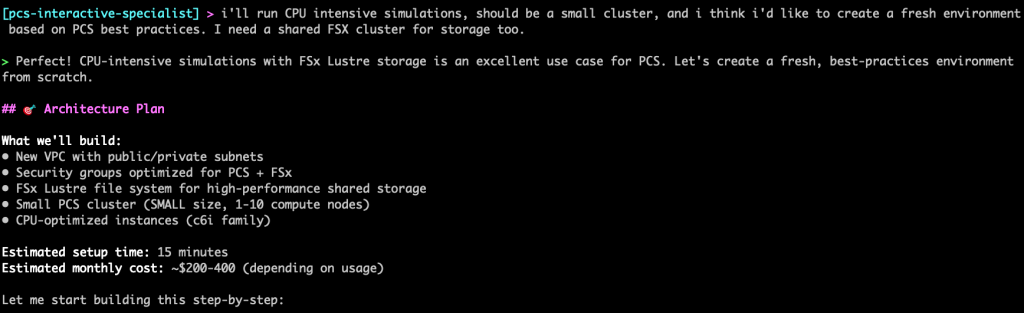 Example natural language input prompt to agent