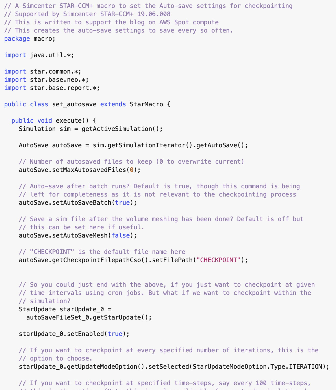Figure 5 – Sample of STAR-CCM+ Auto Save (checkpointing) configuration through macro code