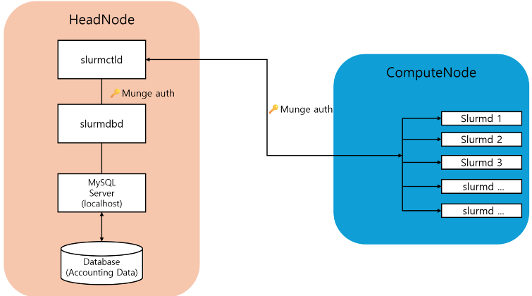 Figure 2 – Slurm Accounting Diagram – This diagram illustrates the architecture of a Slurm cluster, where the HeadNode components, slurmctld and slurmdbd, communicate with slurmd daemons on the ComputeNodes using Munge authentication, and accounting and policy-related metadata is stored in a MySQL-based database. 