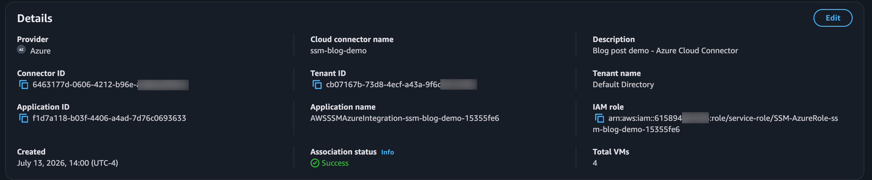 Connector details showing successful setup