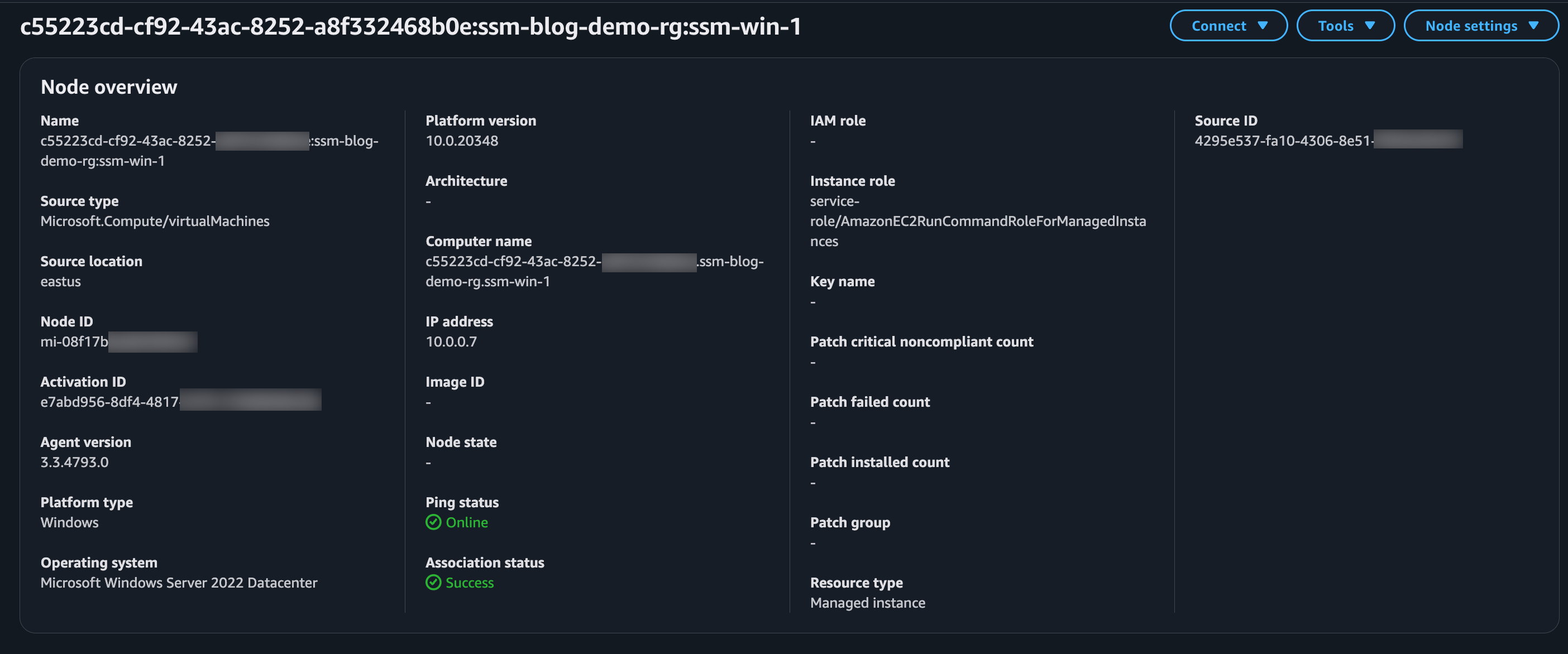 Node details for Windows Azure VM