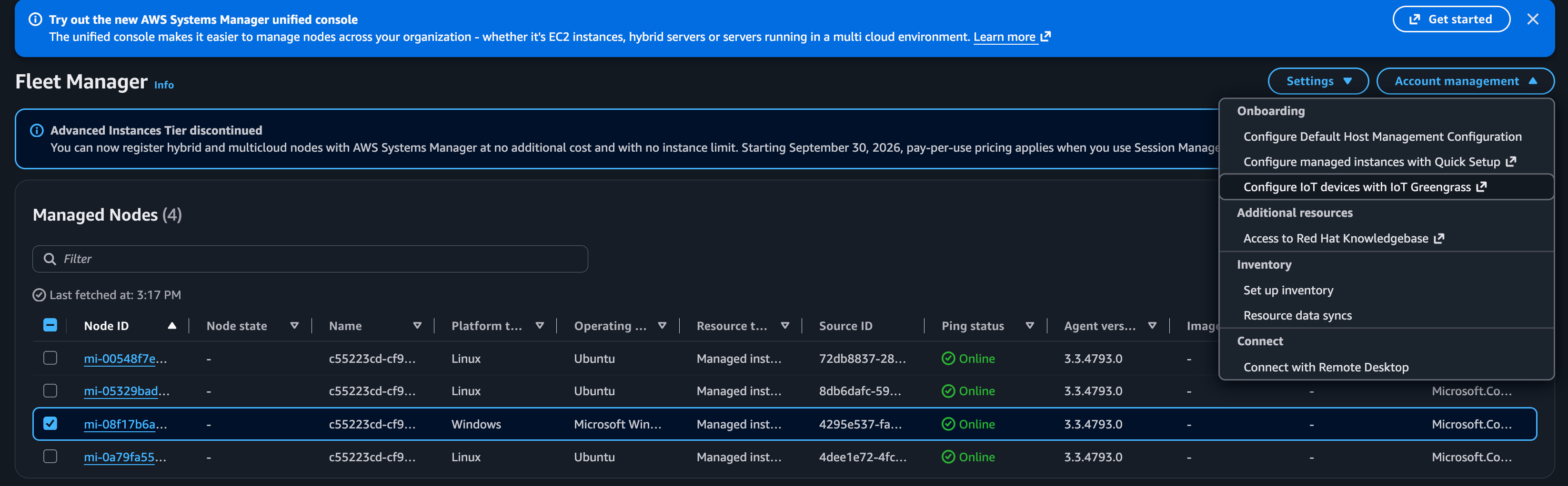 Fleet Manager showing Advanced Tier discontinued banner