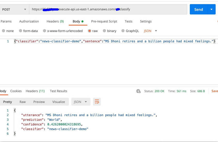 Sample JSON request to the Classify Text API endpoint.