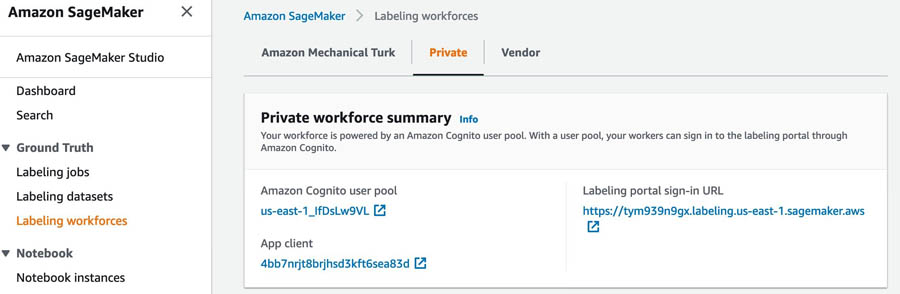 Private Workforce section of the SageMaker console.