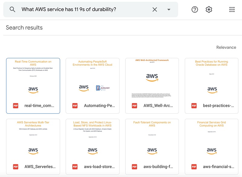 The first query I test is “What AWS service has 11 9s of durability?” The following screenshot shows the Google Drive output.