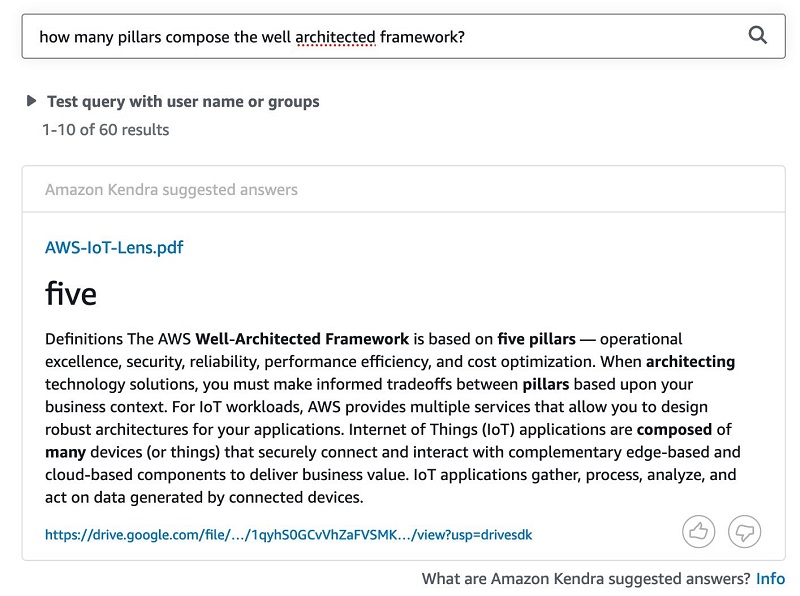 The following screenshot shows the results from Amazon Kendra.