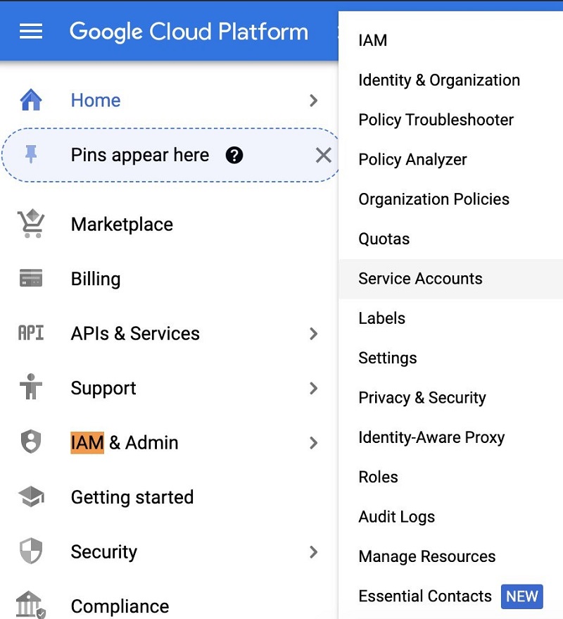 Choose IAM & Admin and choose Service Accounts.