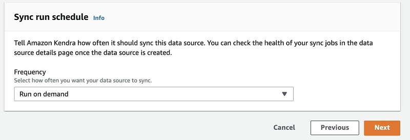 n the Sync run schedule section, for Frequency, you can choose the frequency of data source synchronization—on demand, hourly, daily, weekly or monthly, or custom. For this post, I choose Run on demand.