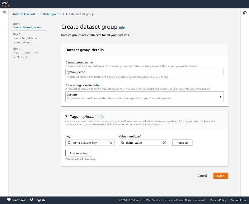 On the Forecast console, create a dataset group.