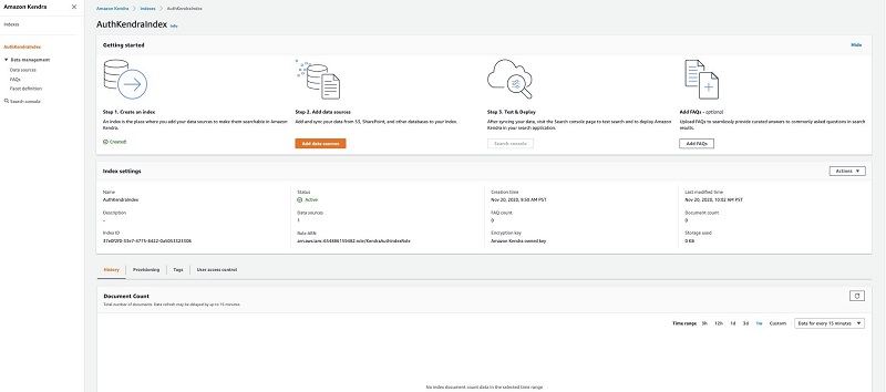 Amazon Kendra コンソールで、CloudFormation スタックの一部として作成されたインデックス AuthKendraIndex を選択します。