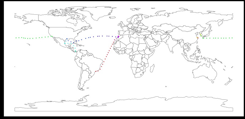 The following image shows multiple vessel voyages of the same vessel in different colors.