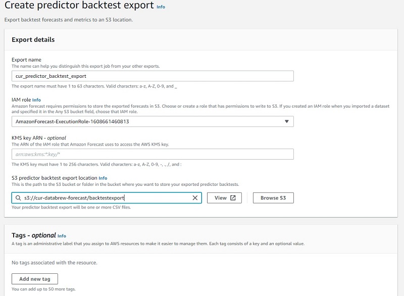 For S3 predictor backtest export location, enter the S3 path where you want Forecast to export the accuracy metrics and forecasted values.