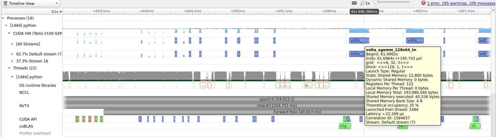 The GPU operation is marked here as the volta_sgemm kernel.