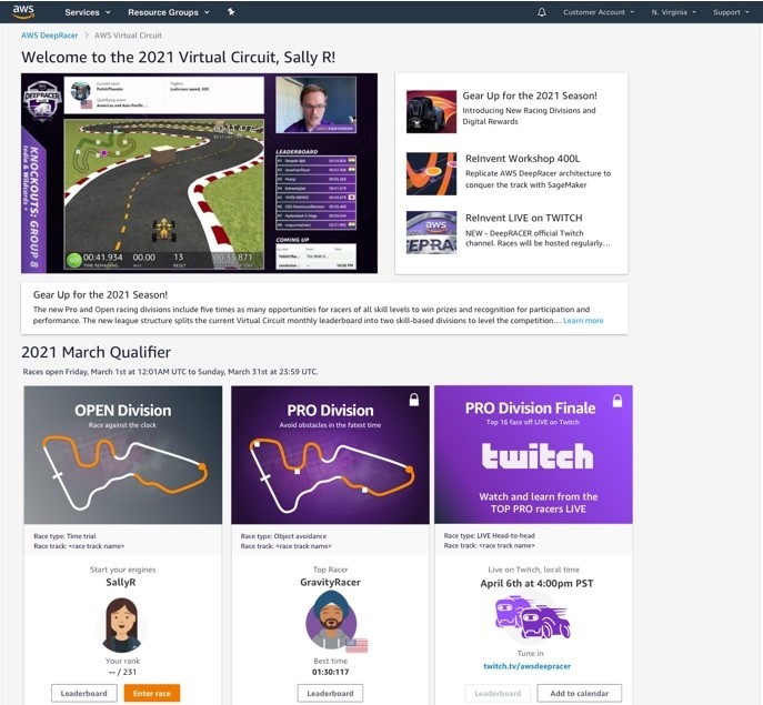 Racers in the Pro division can earn bigger rewards and win qualifying seats for the 2021 AWS re:Invent Championship Cup.