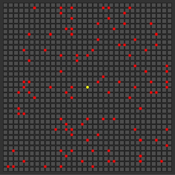 In the following visualization of the problem, displayed as a top-down map of a section of a city, the warehouse is shown as a yellow dot, and each delivery stop is shown as a red dot.