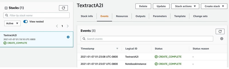 The following screenshot of the stack details page shows the status of the stack as CREATE_IN_PROGRESS