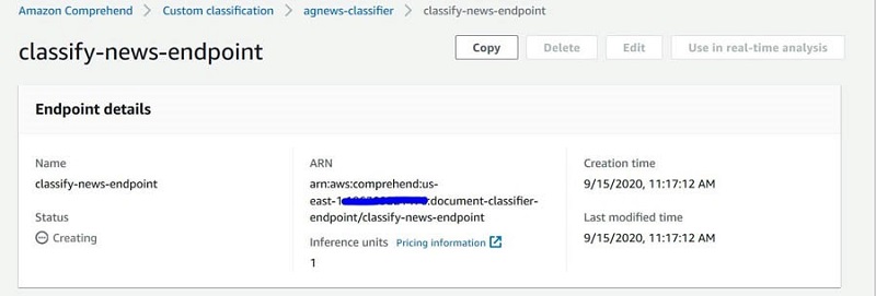 Copy the endpoint ARN as shown in the following screenshot.