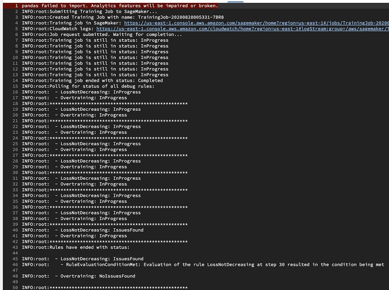 The following screenshot shows an example of what the status of each debugger rule should be when the training job is complete. 