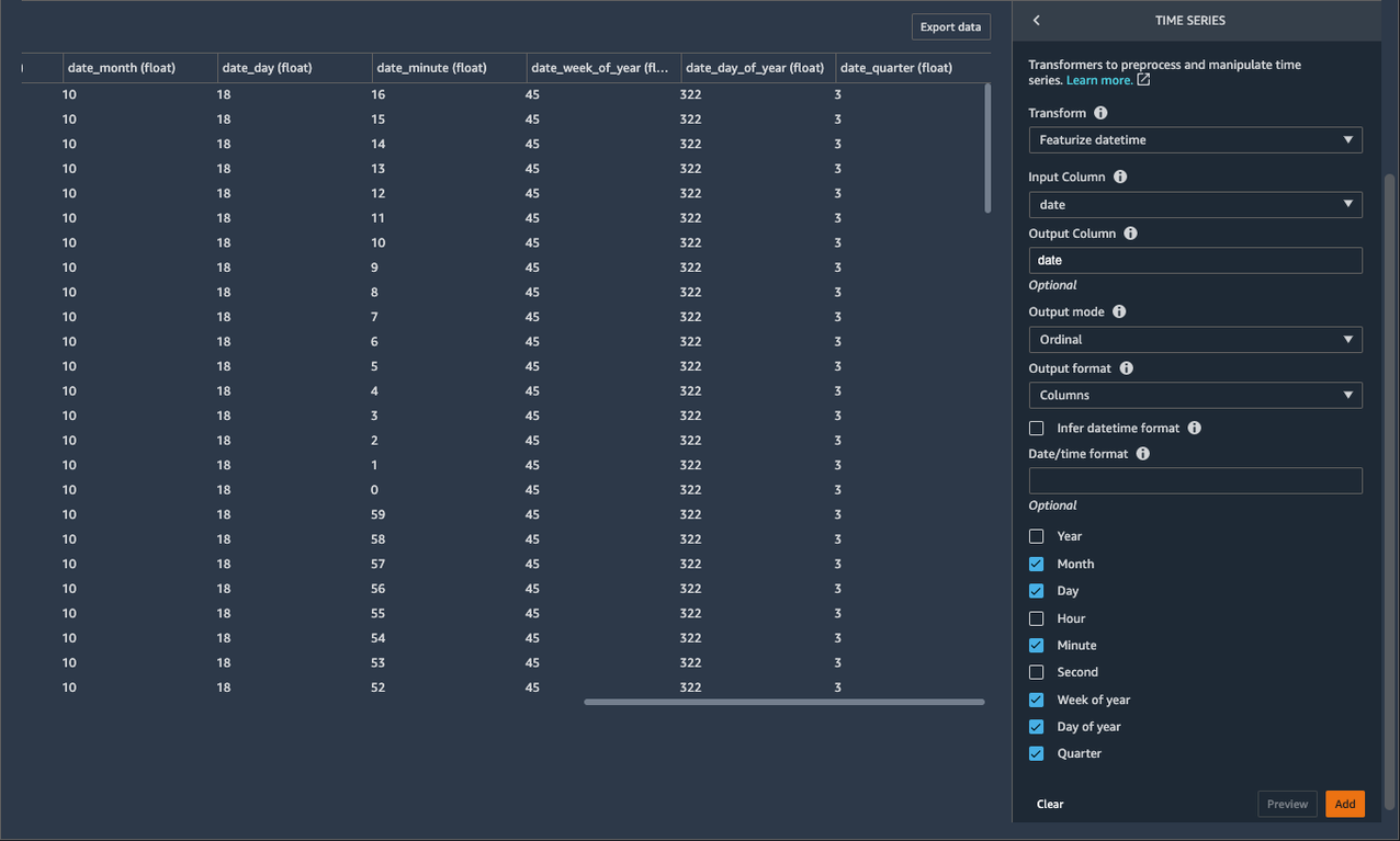 featurize datetime time series transform