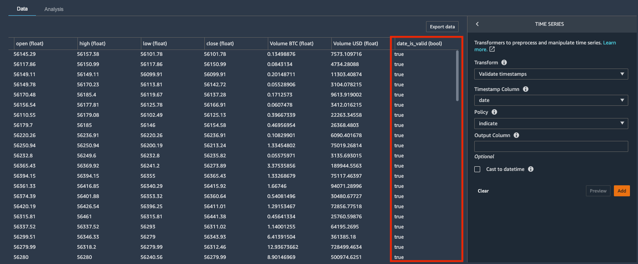 Validate Timestamp time series transform