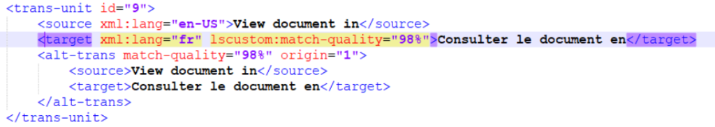 Custom attributes identifying segments where suggested translation was retained based on score