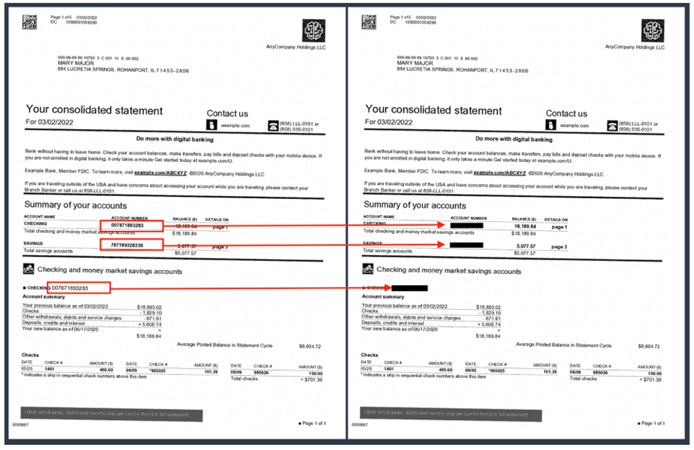 Redacted bank statement sample.