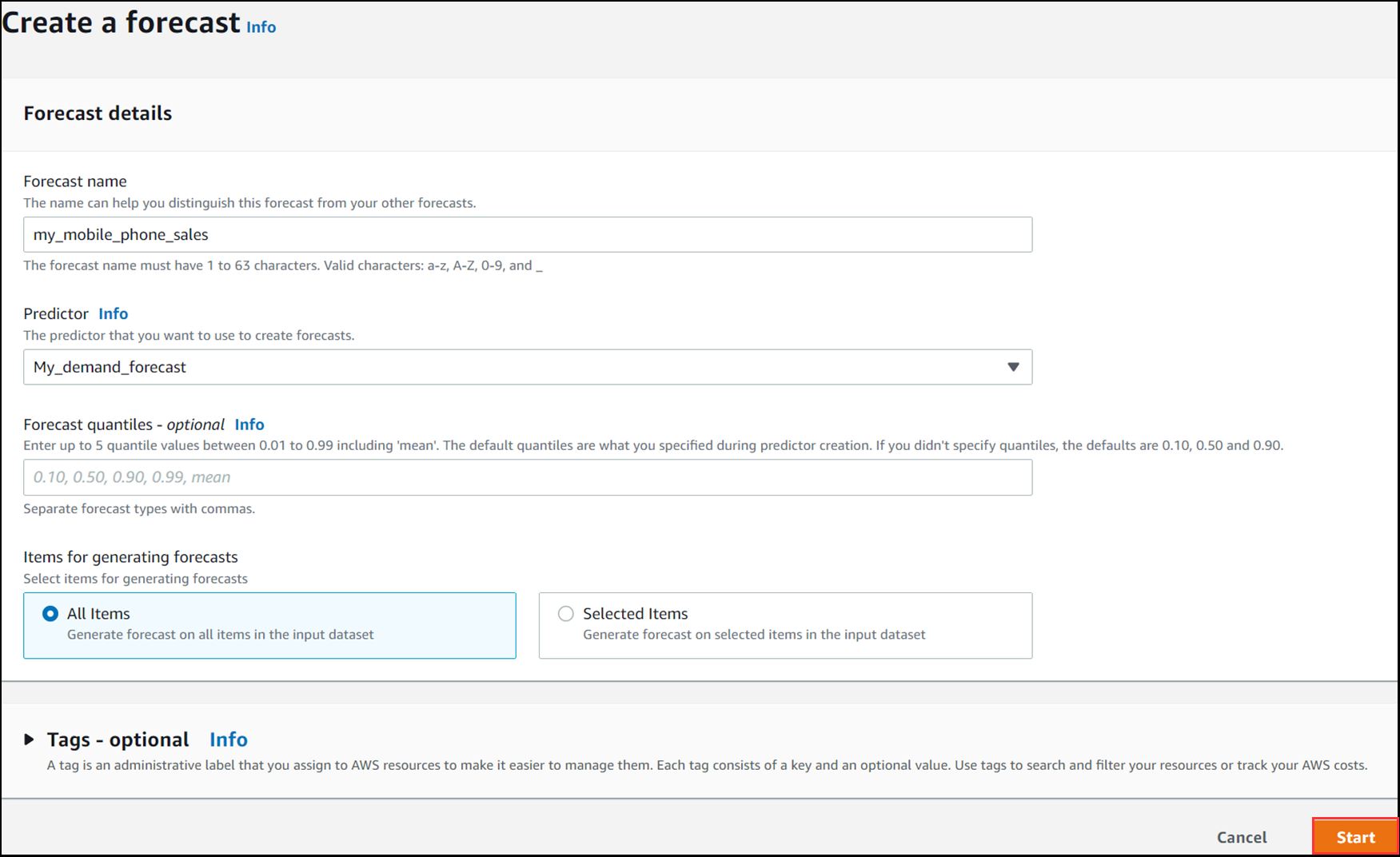 Figure 10: Sample information filled out to create a forecast