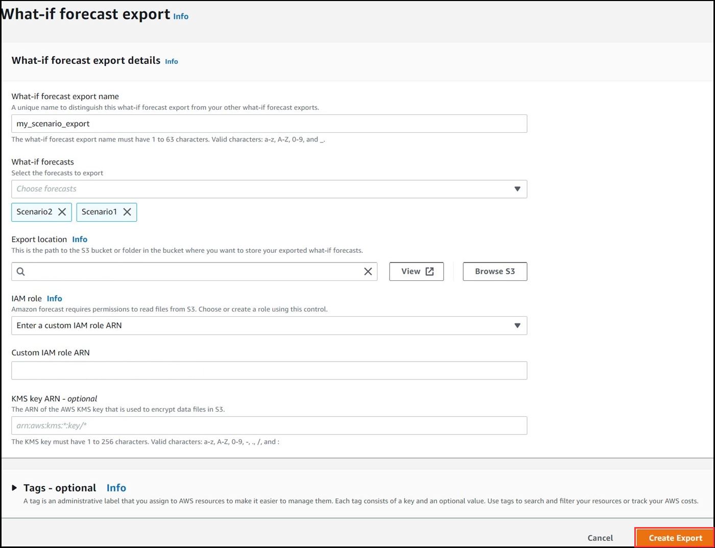 Figure 25: specifying the scenario information and export location for the bulk export