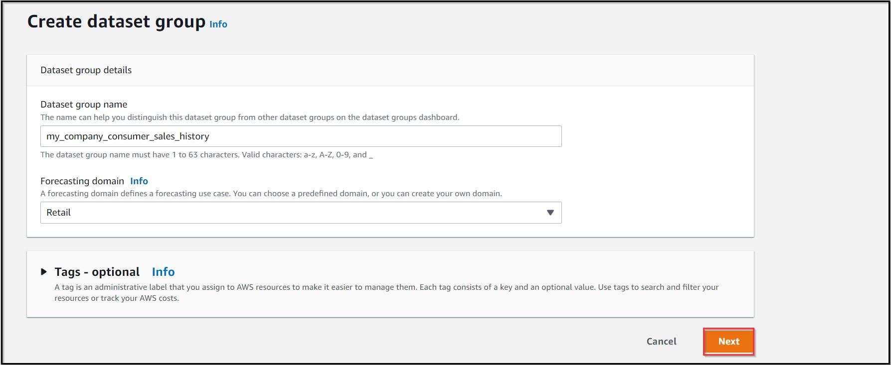 Figure 3: Provide a dataset name and select your forecasting domain