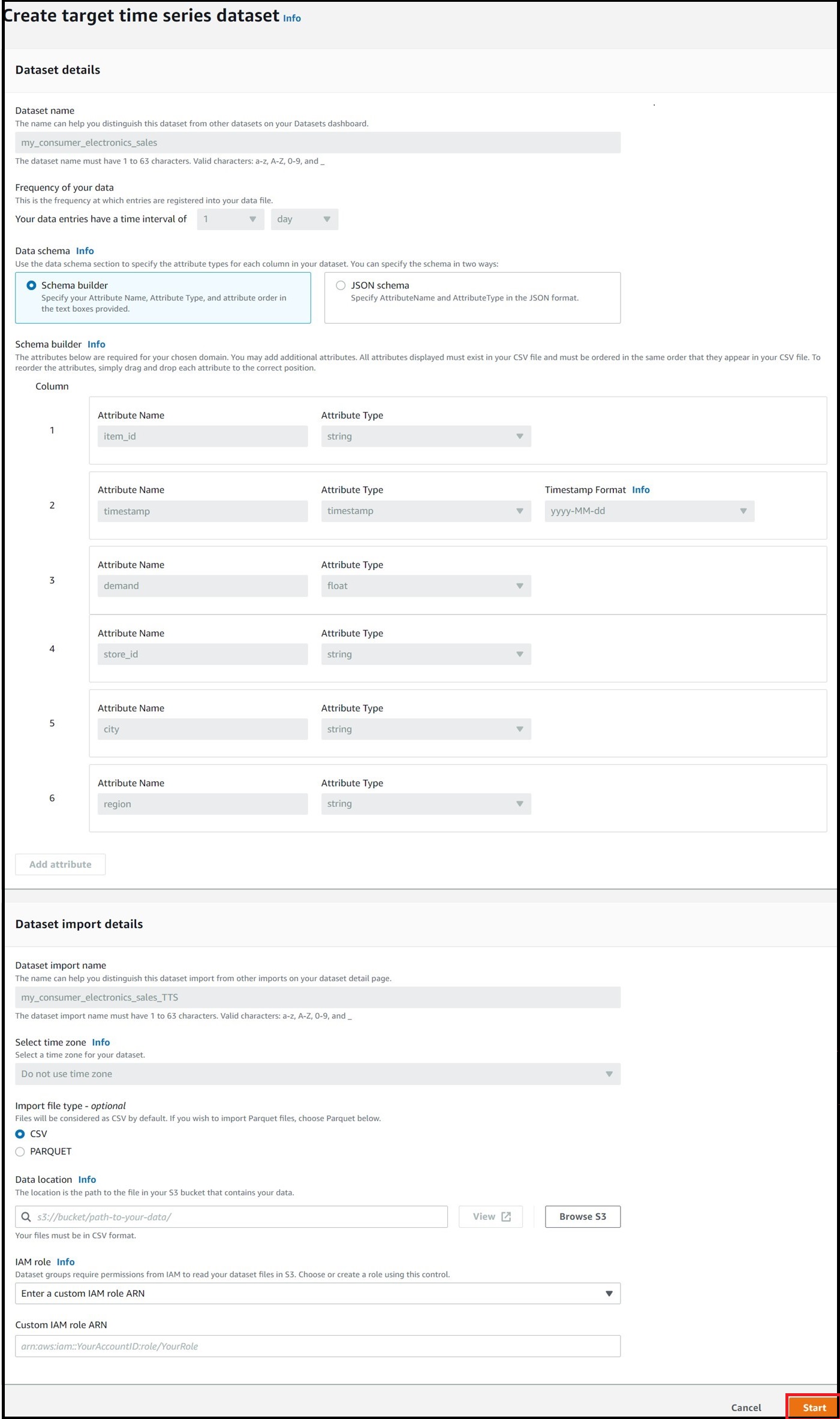 Figure 4: Sample information filled out for the target time series data import page