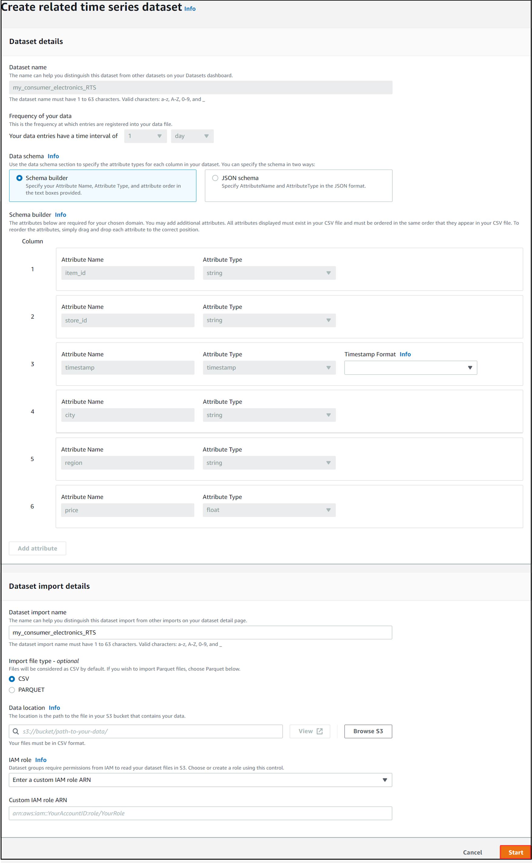 Figure 6: Sample information filled out for the related time series data import page