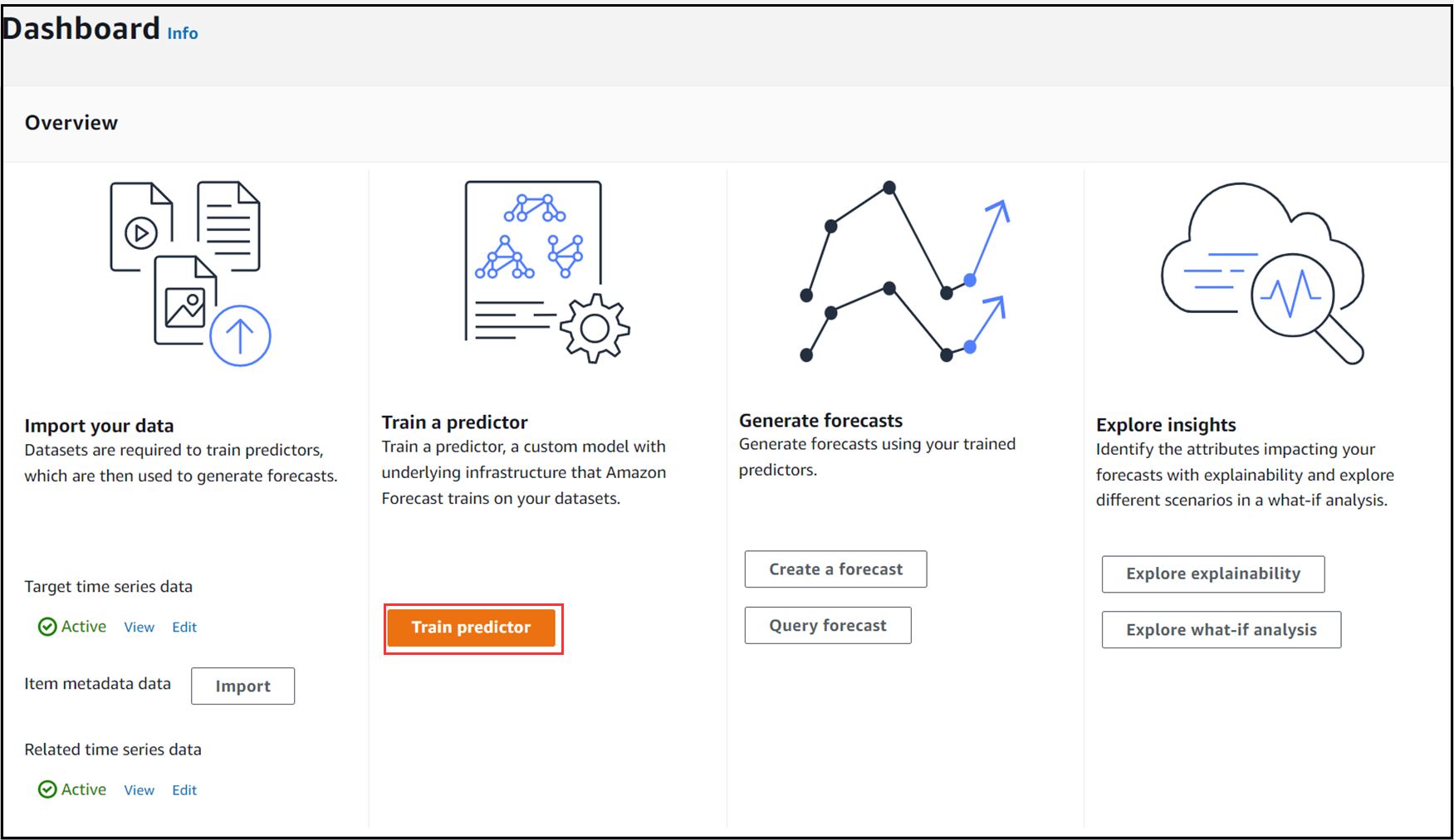 Figure 7: Dashboard of completed dataset import step and button to train a predictor